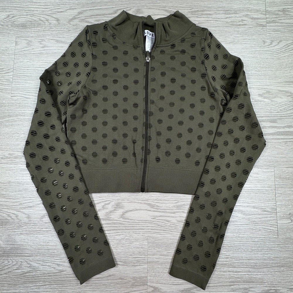 Love J Women's Jacket Cropped Distressed Laser Cut Olive Green‎ Size M/L Zip Up